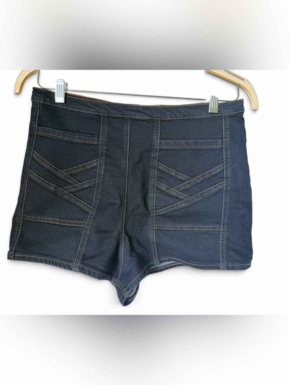Free People Radar Live High Waisted Dark Blue Denim Stitch Panel Jean Shorts